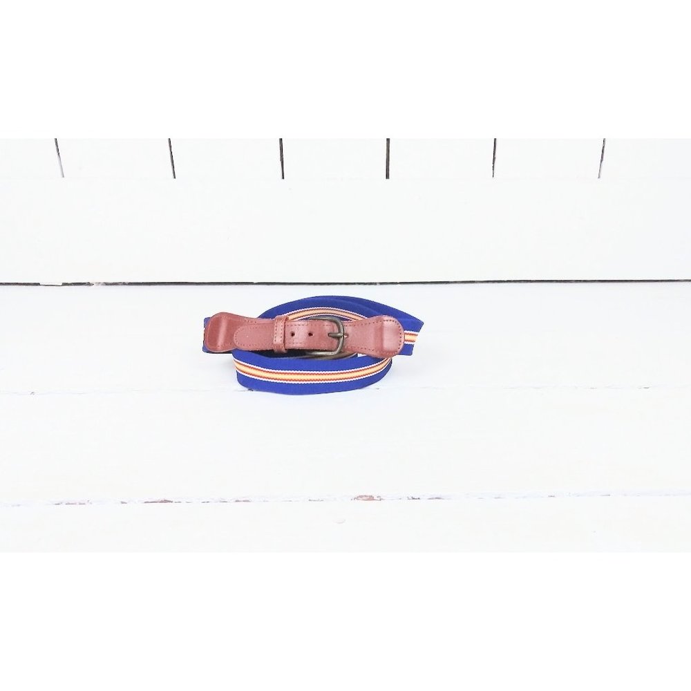 Vintage blue and yellow striped stretch canvas leather belt
